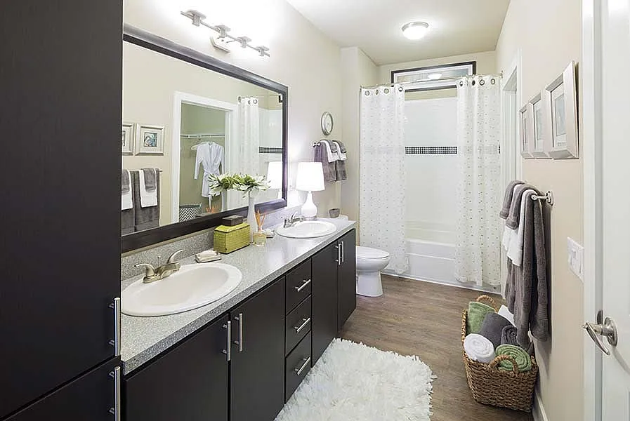 Modern bathroom with dual sinks, sleek cabinetry, and elegant decor, perfect for luxurious living.