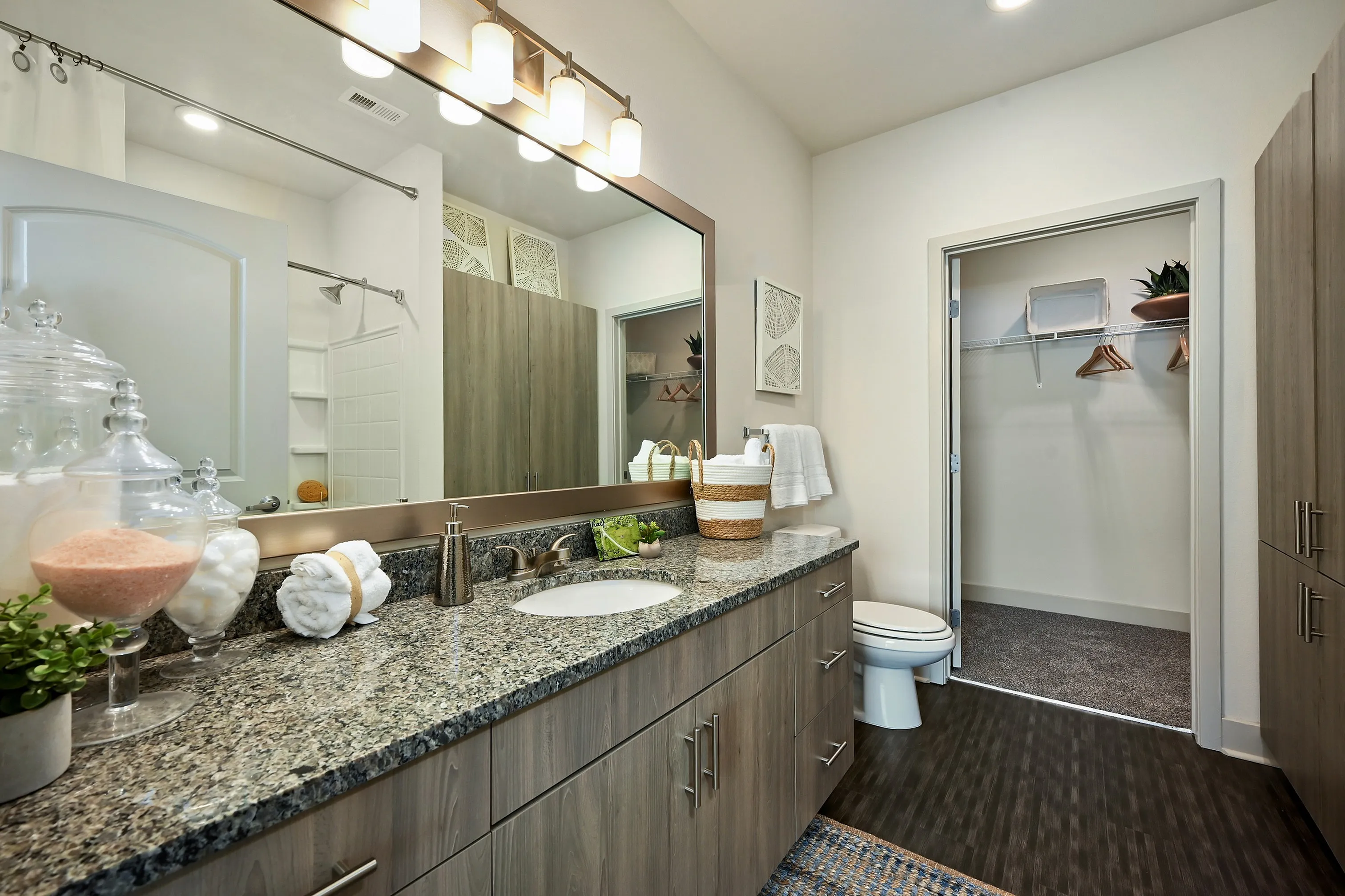 Elegant bathroom showcasing a sleek granite countertop, ample cabinetry, and a spacious walk-in closet, perfect for luxurious living.