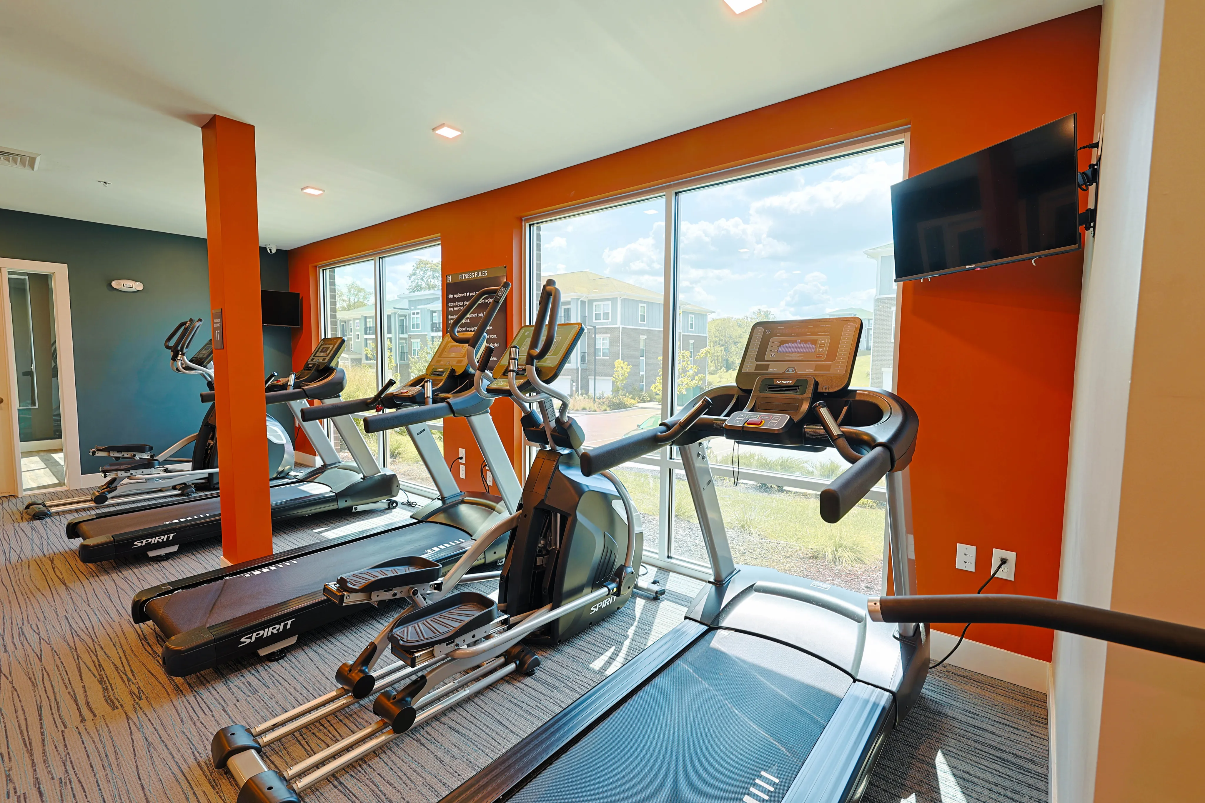 Vibrant fitness center featuring modern treadmills and elliptical machines with large scenic windows.