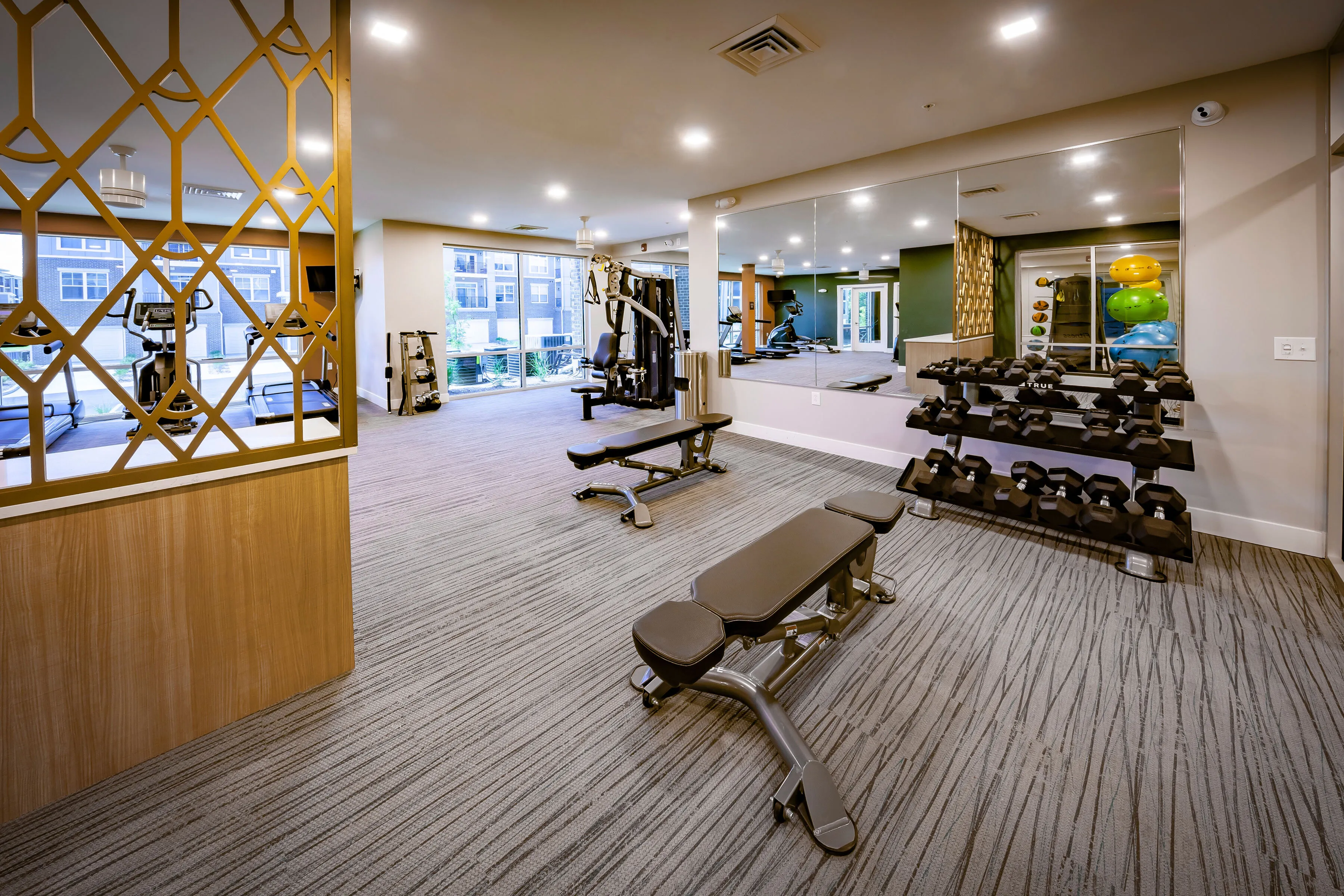 Modern apartment gym with state-of-the-art equipment, including treadmills, weight racks, and stylish decor.