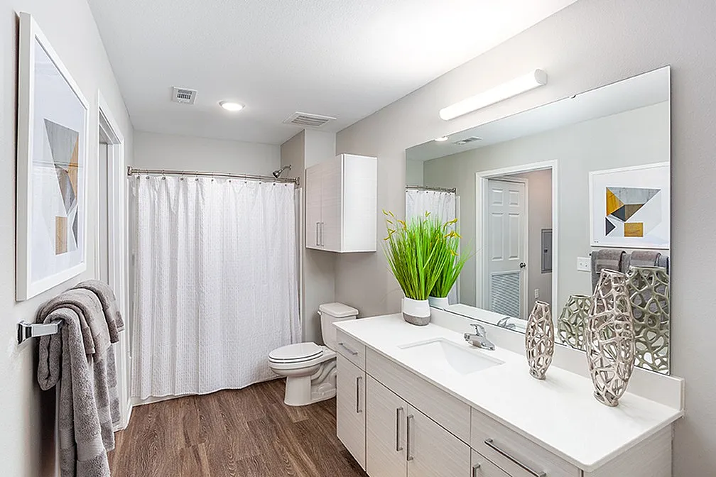 Modern bathroom with elegant design featuring a large mirror, sleek vanity, and vibrant indoor plant accentuating the bright space.