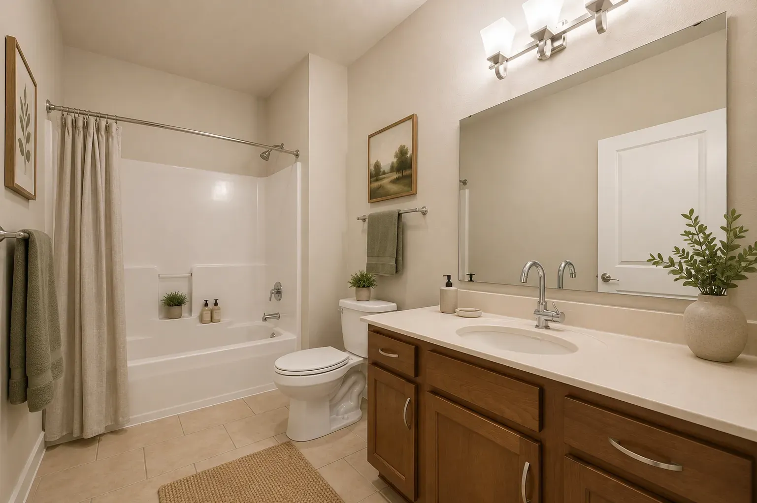 Modern apartment bathroom with chrome finishes and large soaking tub.