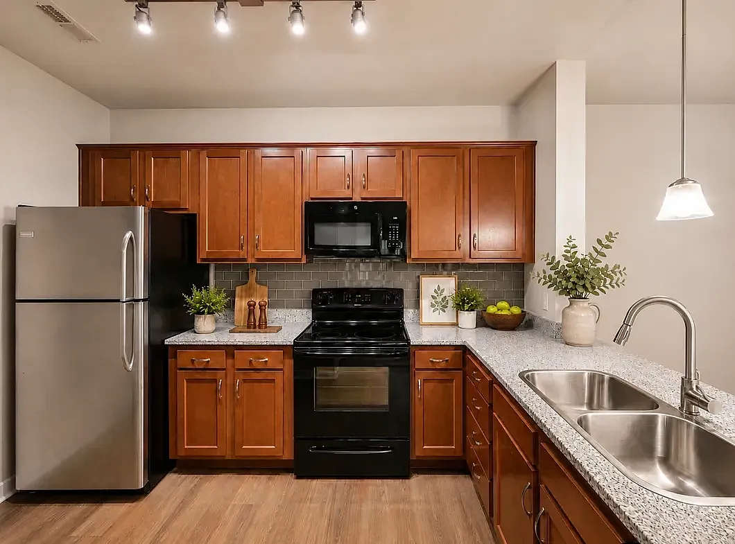 Modern and spacious kitchen with granite countertops and upgraded appliances.