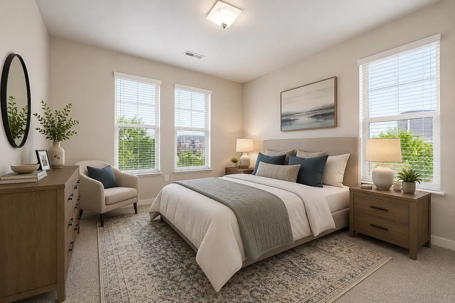 Primary bedroom with plush carpeting, large windows, and ample natural light.