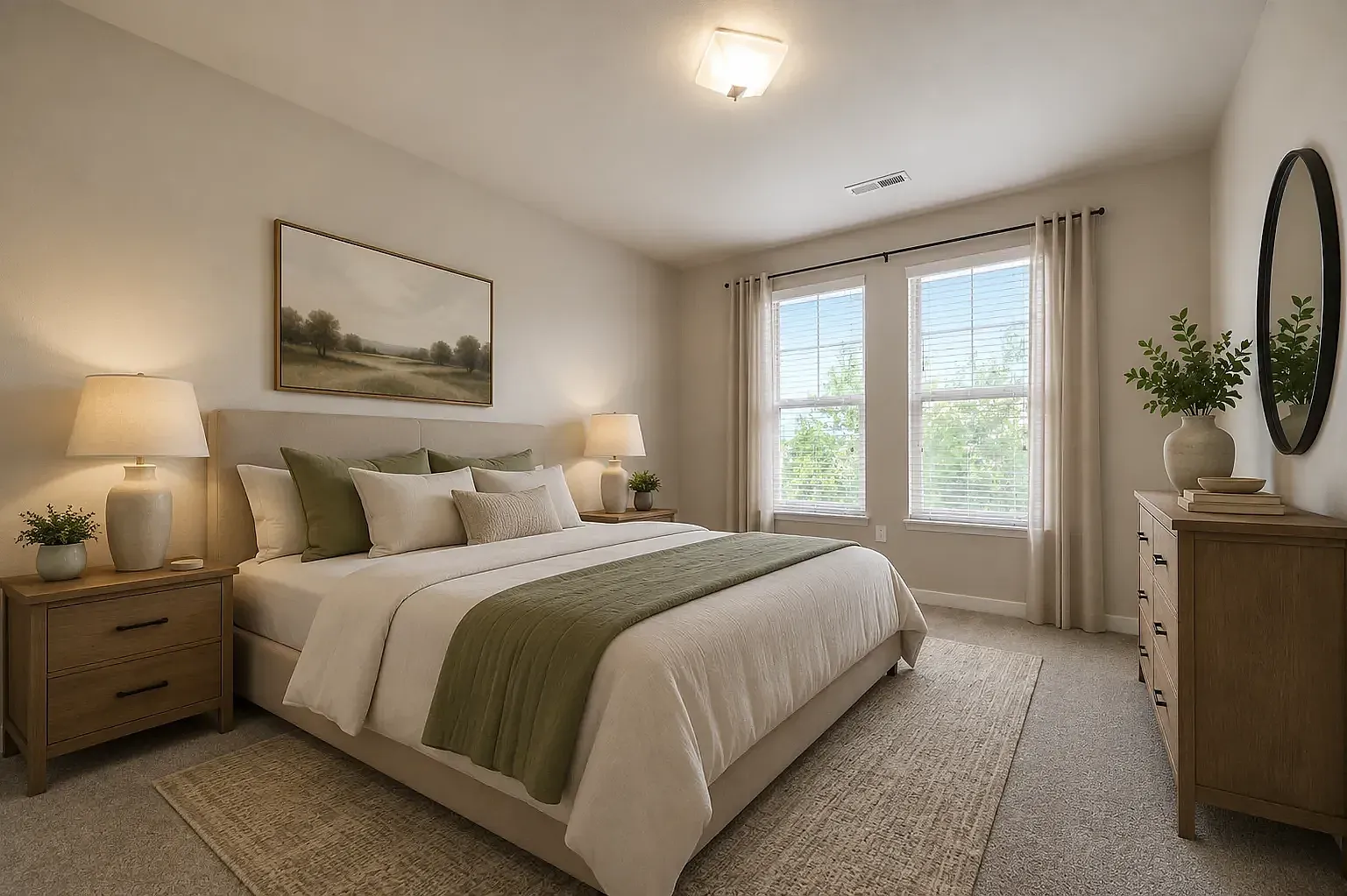 Secondary bedroom with large window, neutral finishes, and carpeted flooring.