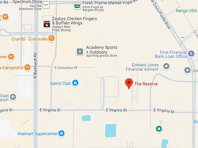 Map showing The Reserve's central location of The Reserve with nearby amenities and major streets.