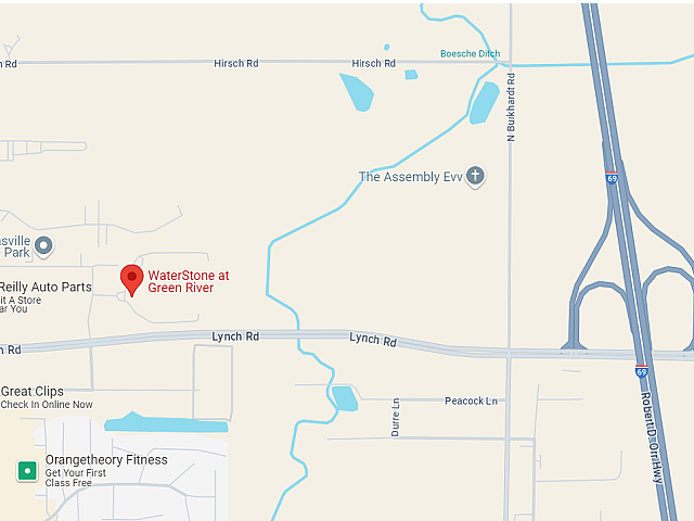 Map highlighting WaterStone at Green River, showcasing proximity to fitness centers, shopping, and major highways for convenient living.