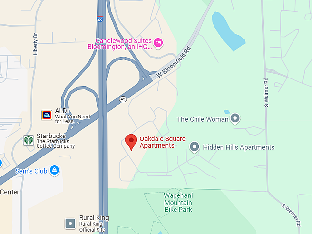 Map highlighting the prime location of Oakdale Square Apartments near major highways, shopping centers, and green spaces in Bloomington.
