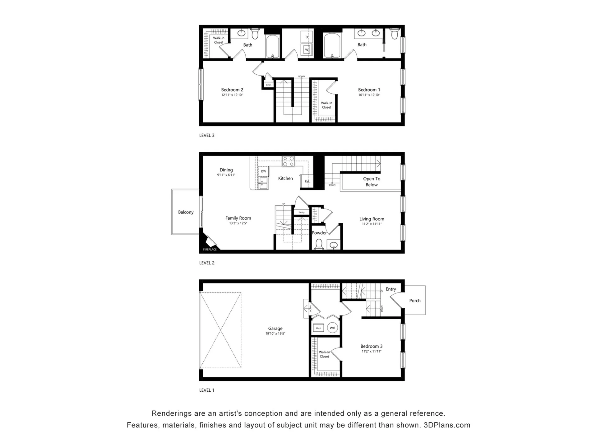 Contemporary three-level floor plan featuring 2 bedrooms, an inviting family room, a bonus flex space, and a spacious garage.