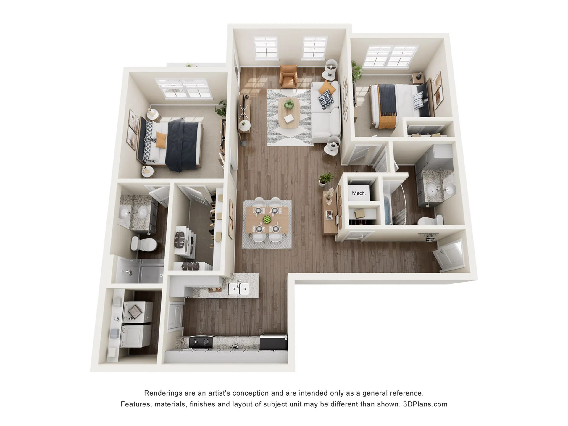 Spacious 3D floor plan featuring two cozy bedrooms, an inviting living area, modern kitchen with dining space, and two bathrooms.
