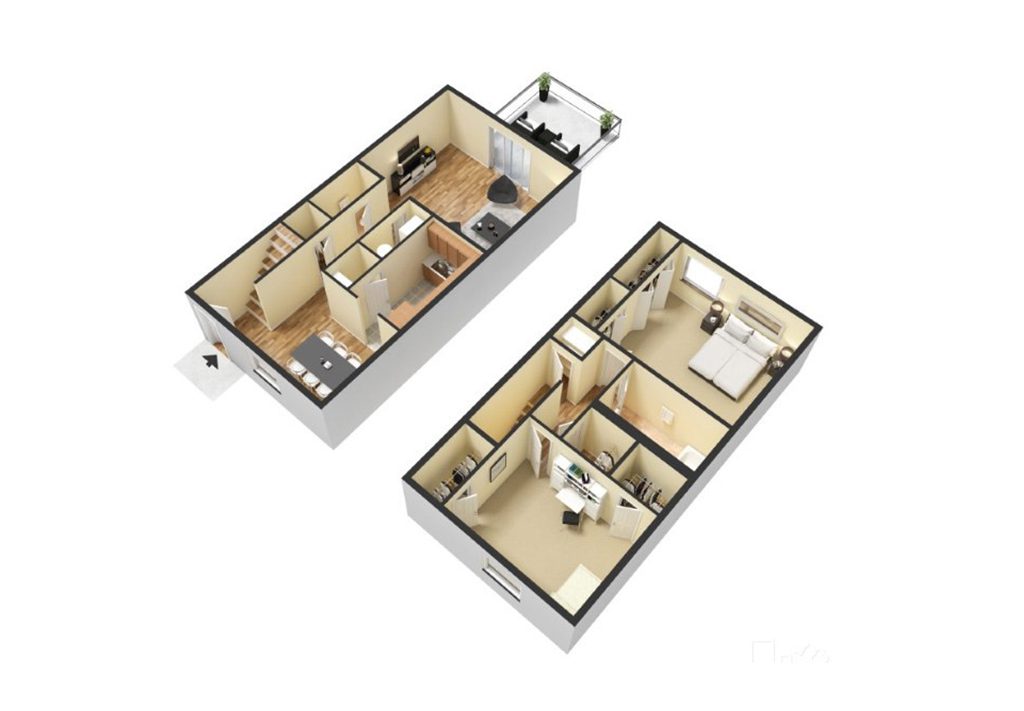 Chic 3D floor plan showcasing two levels with elegant finishes, featuring a spacious bedroom, stylish kitchen, and cozy living area with a patio.