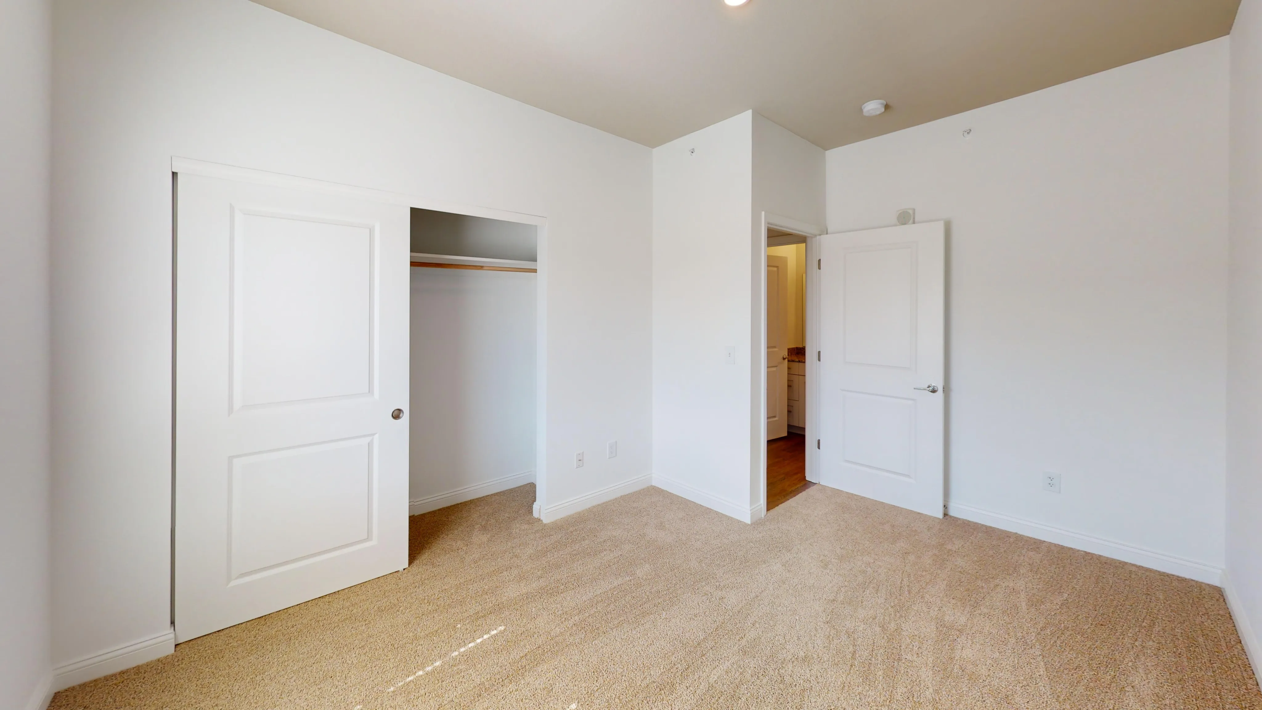 Bright and spacious bedroom featuring a large closet with sliding doors, plush carpeting, and modern white walls.