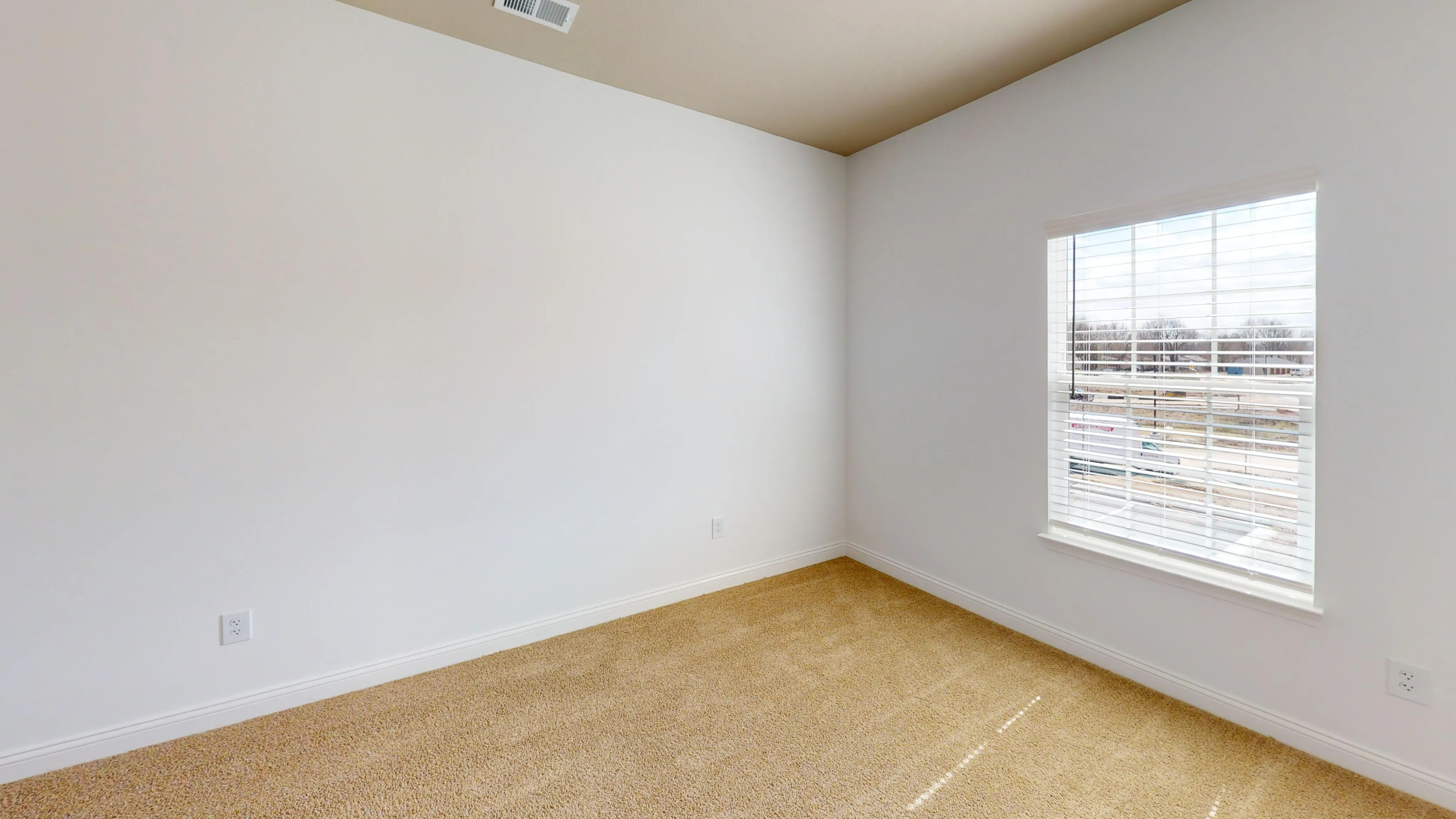 Bright, empty room with plush carpet and a large window offering natural light and outdoor views, perfect for personalized decor.