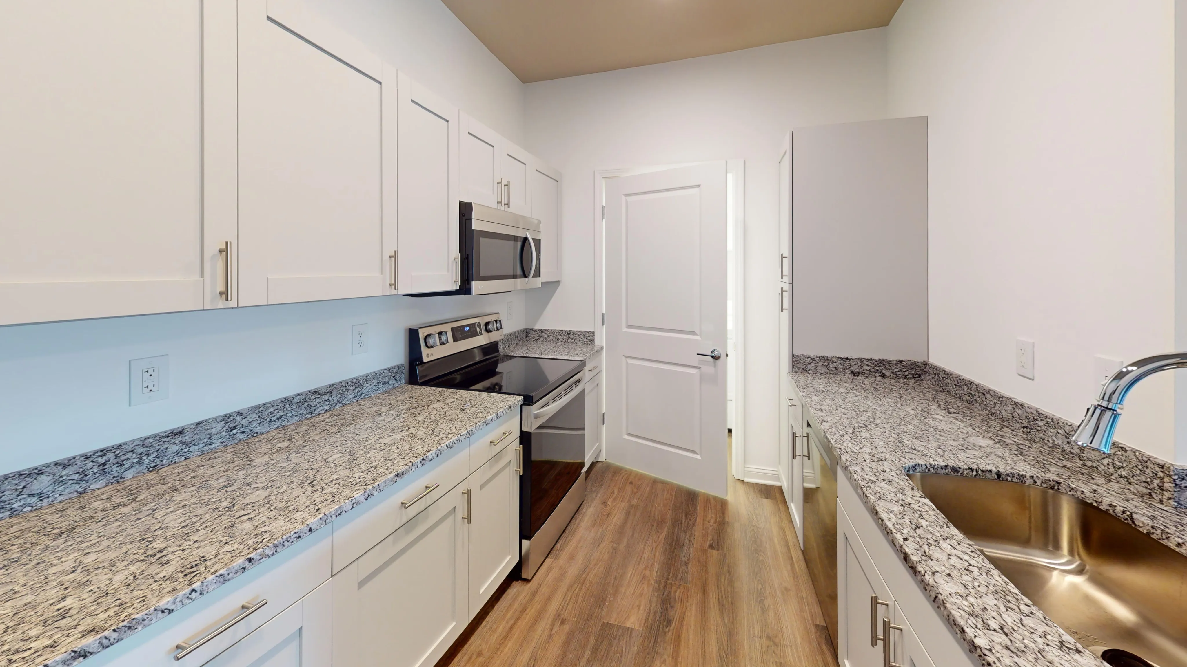 Modern kitchen with sleek granite countertops, stainless steel appliances, and elegant cabinetry.