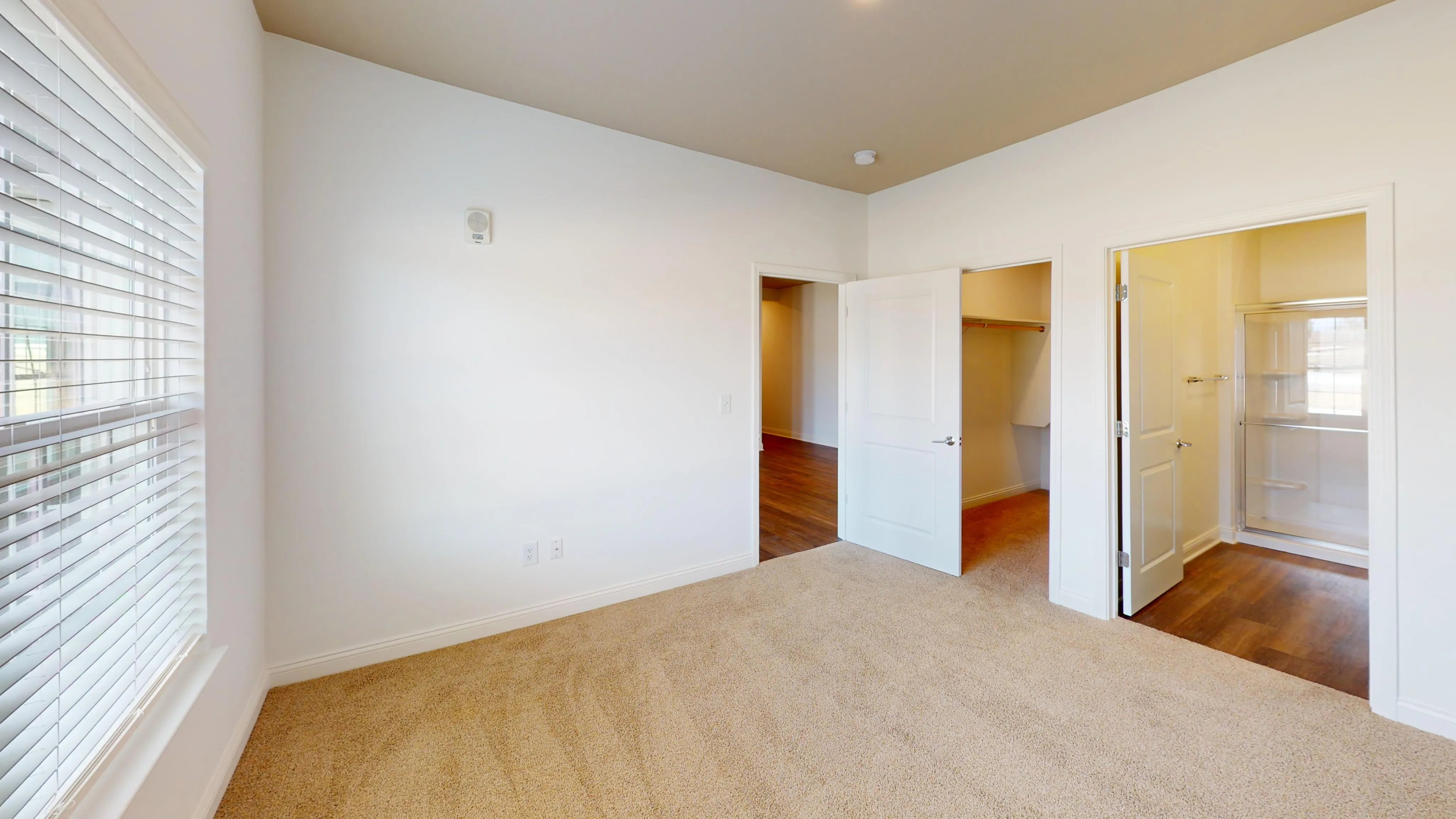 Bright bedroom with plush carpet, large windows, and ample closet space leading to a modern bathroom.
