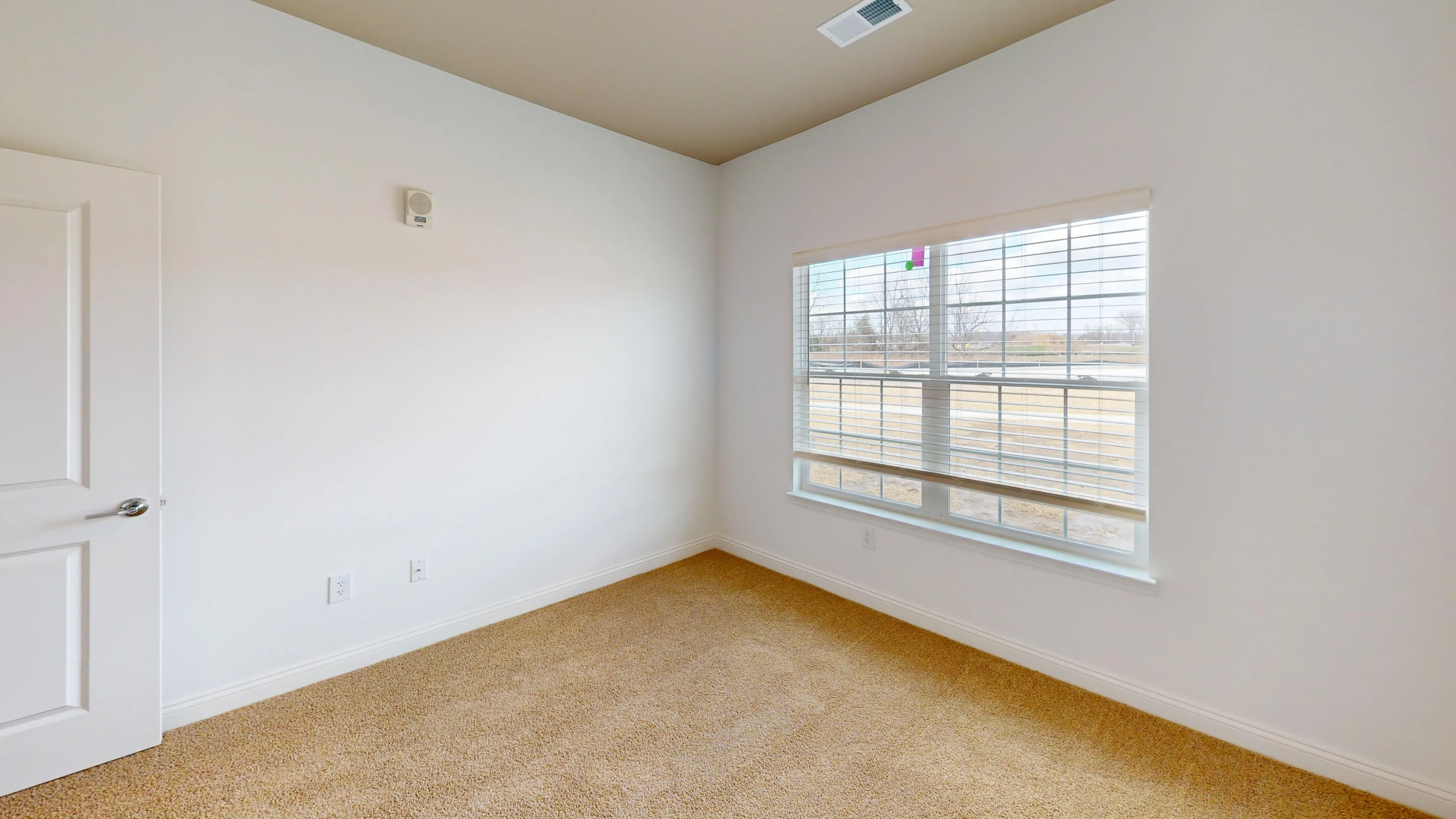 Bright and airy room with plush carpet, large window, and crisp white walls, perfect for a cozy living space.