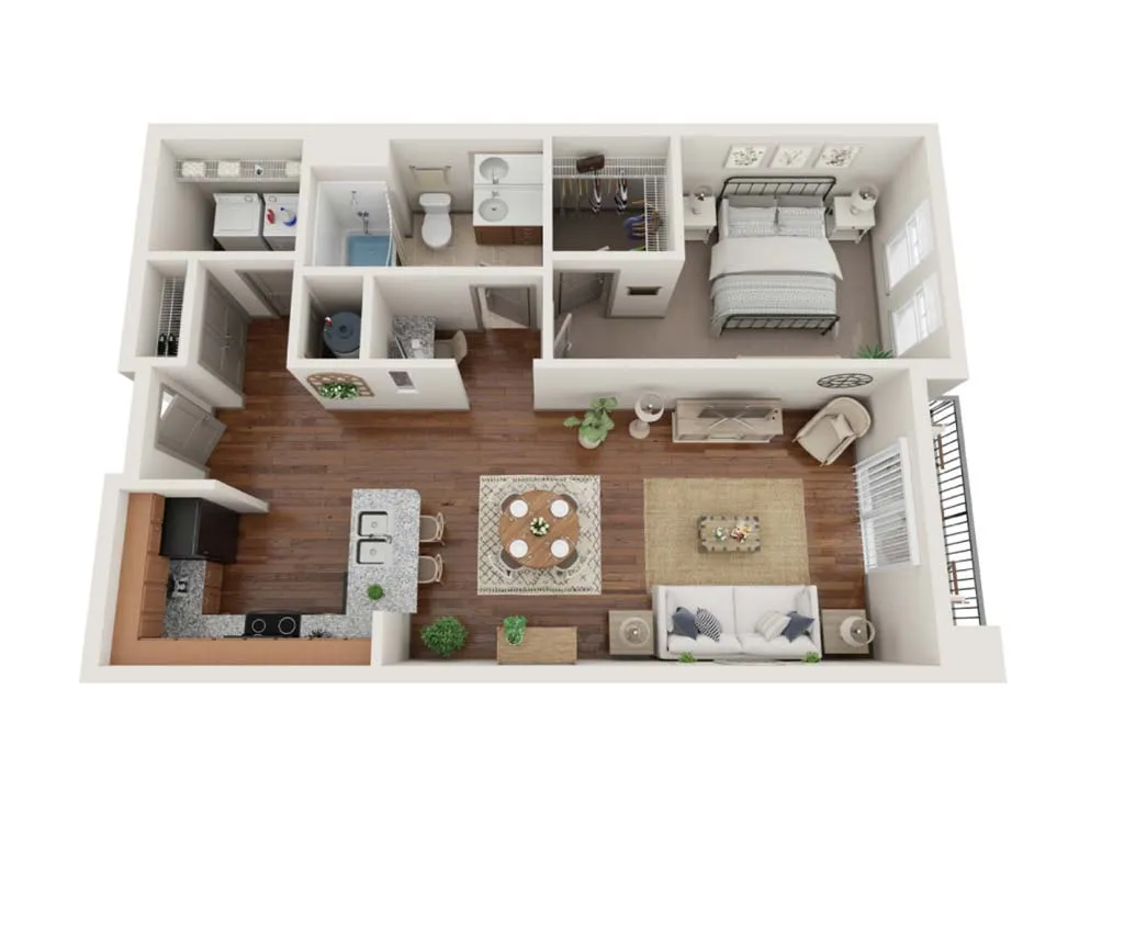 Modern 3D apartment floor plan with a spacious bedroom, cozy living area, stylish kitchen, and balcony, perfect for urban living.
