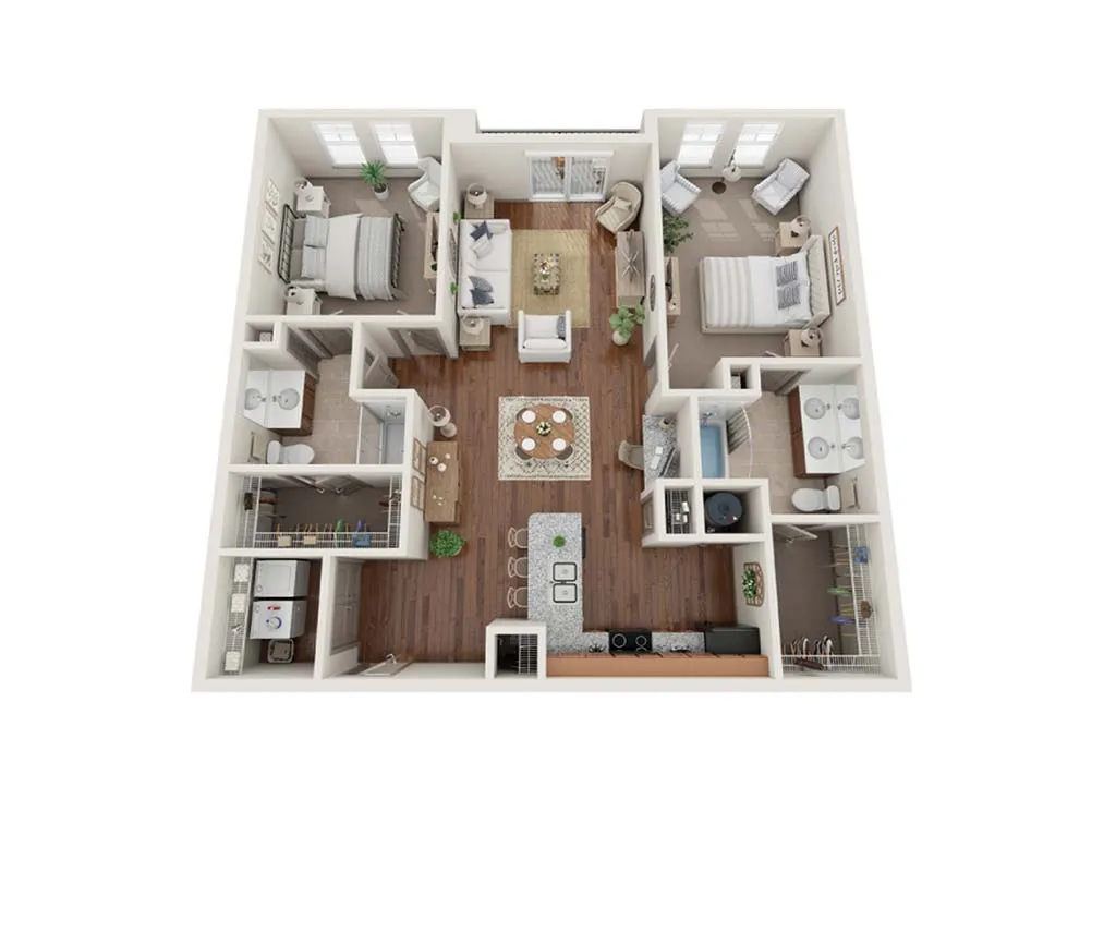 Modern 3D floor plan showcasing an inviting two-bedroom layout with two bathrooms, a spacious open living area, dining space, and a sleek kitchen with island seating.