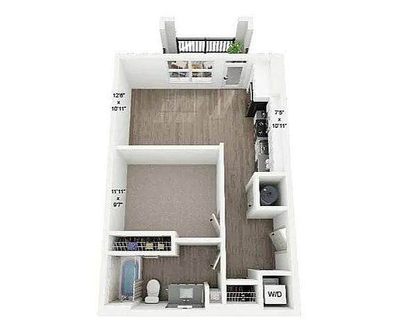 Charming studio apartment floor plan featuring an open-concept kitchen, cozy bedroom nook, modern bathroom, and in-unit laundry.