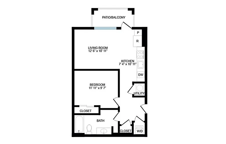 Elegant floor plan showcasing a 1-bedroom apartment with a spacious living room, modern kitchen, and a private patio/balcony.
