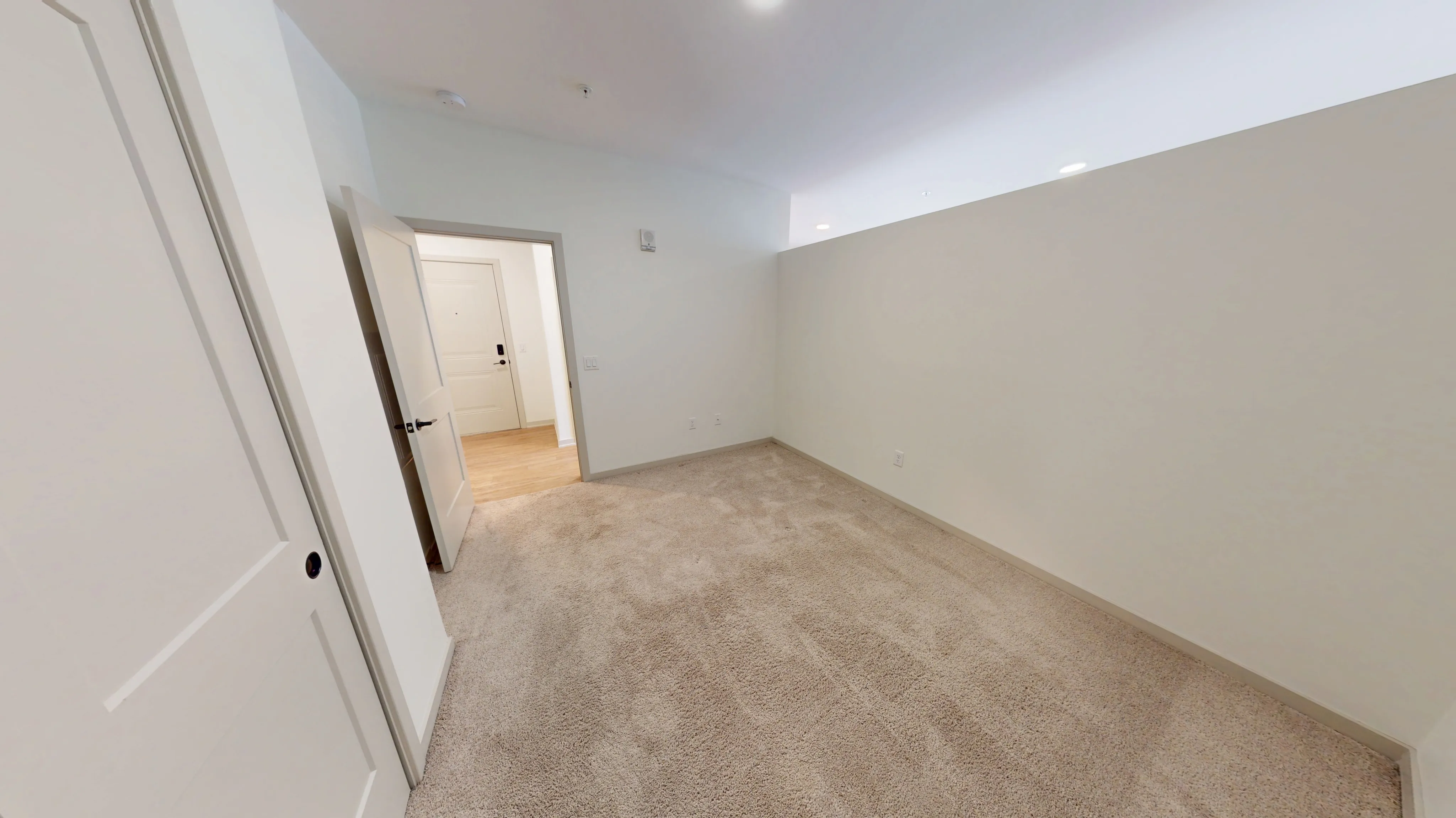 Bright and airy neutral-toned room with plush carpet and soft lighting, perfect for a cozy living space.