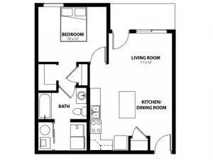 Modern 1-bedroom apartment floor plan featuring a spacious living room and kitchen/dining area, complete with a stylish bathroom layout.