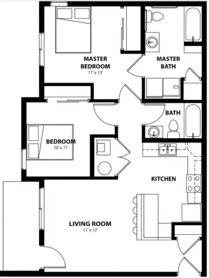 Chic 2D floor plan showcasing a master bedroom with ensuite bath, additional bedroom, spacious living room, modern kitchen, and extra bath.