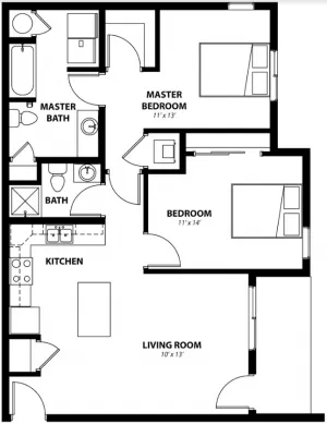 Modern floor plan featuring a master bedroom with ensuite, additional bedroom, cozy living room, and efficient kitchen layout.