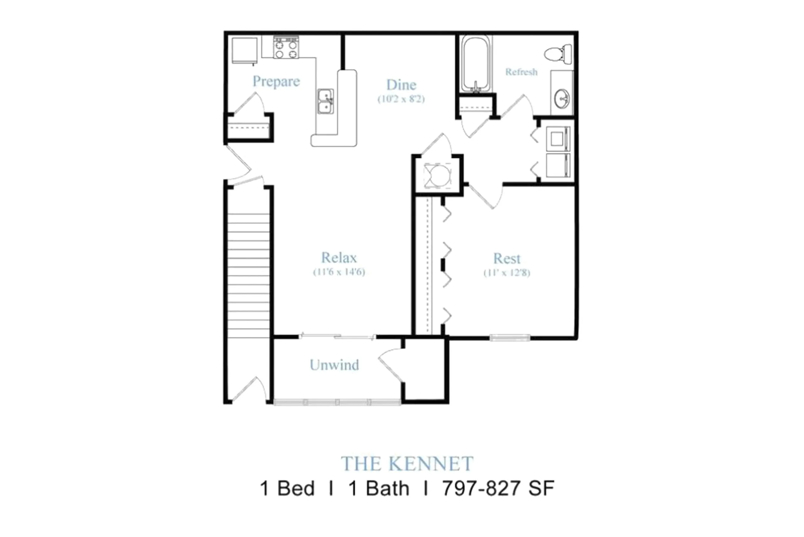 The Kennet 1-bedroom floor plan featuring a spacious living area, modern kitchen, and a cozy bedroom in 797-827 sq ft.