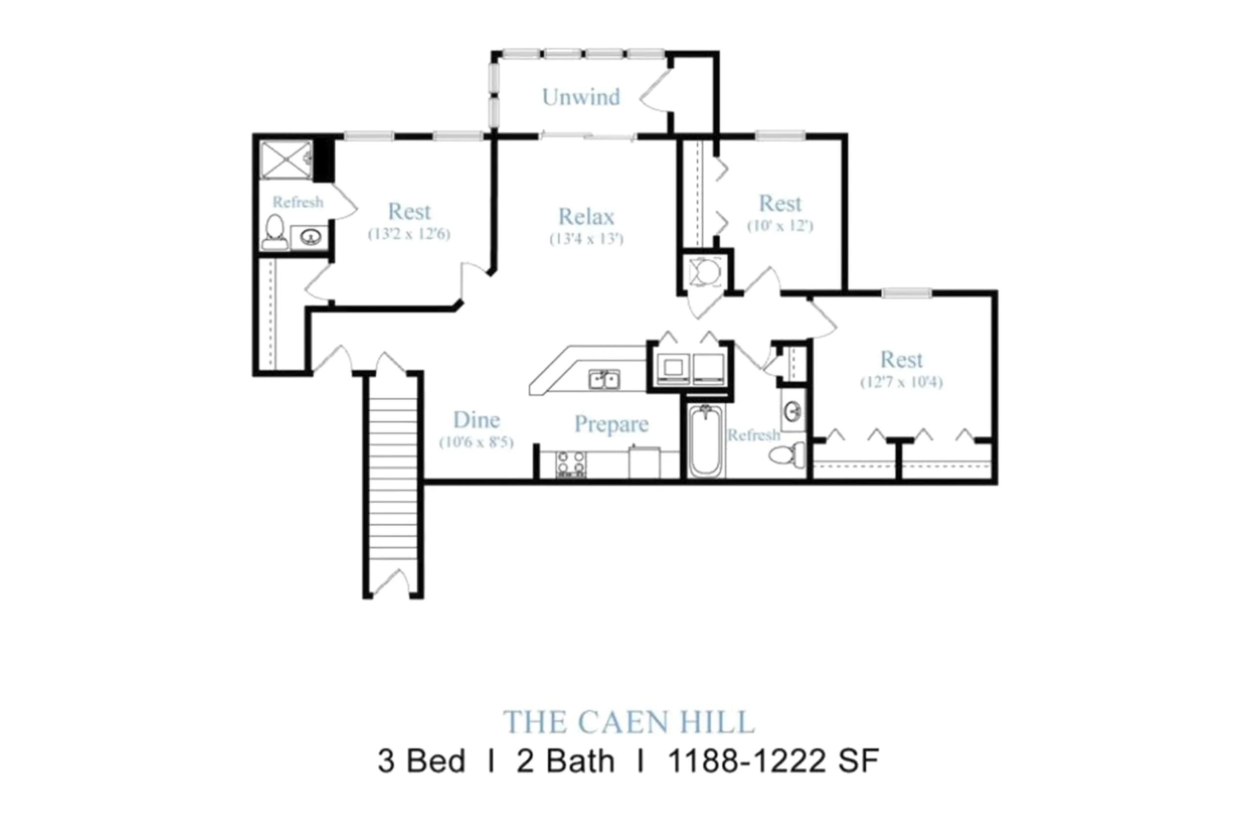 The Caen Hill floor plan showcasing a spacious 3-bedroom, 2-bathroom layout with dedicated unwind areas and modern kitchen, spanning 1188-1222 square feet.