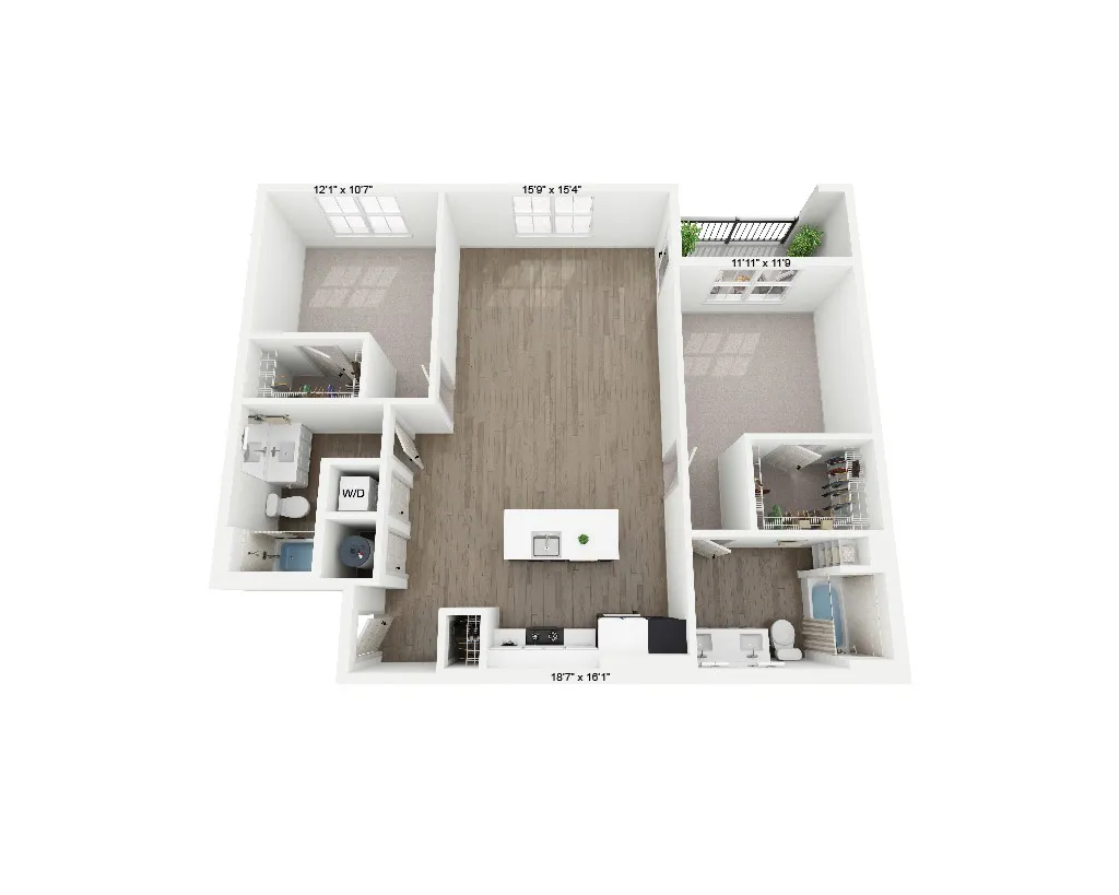 Modern apartment 3D floor plan showcasing spacious 2-bedroom layout with open living area, sleek kitchen island, two well-appointed bathrooms, and private balcony.