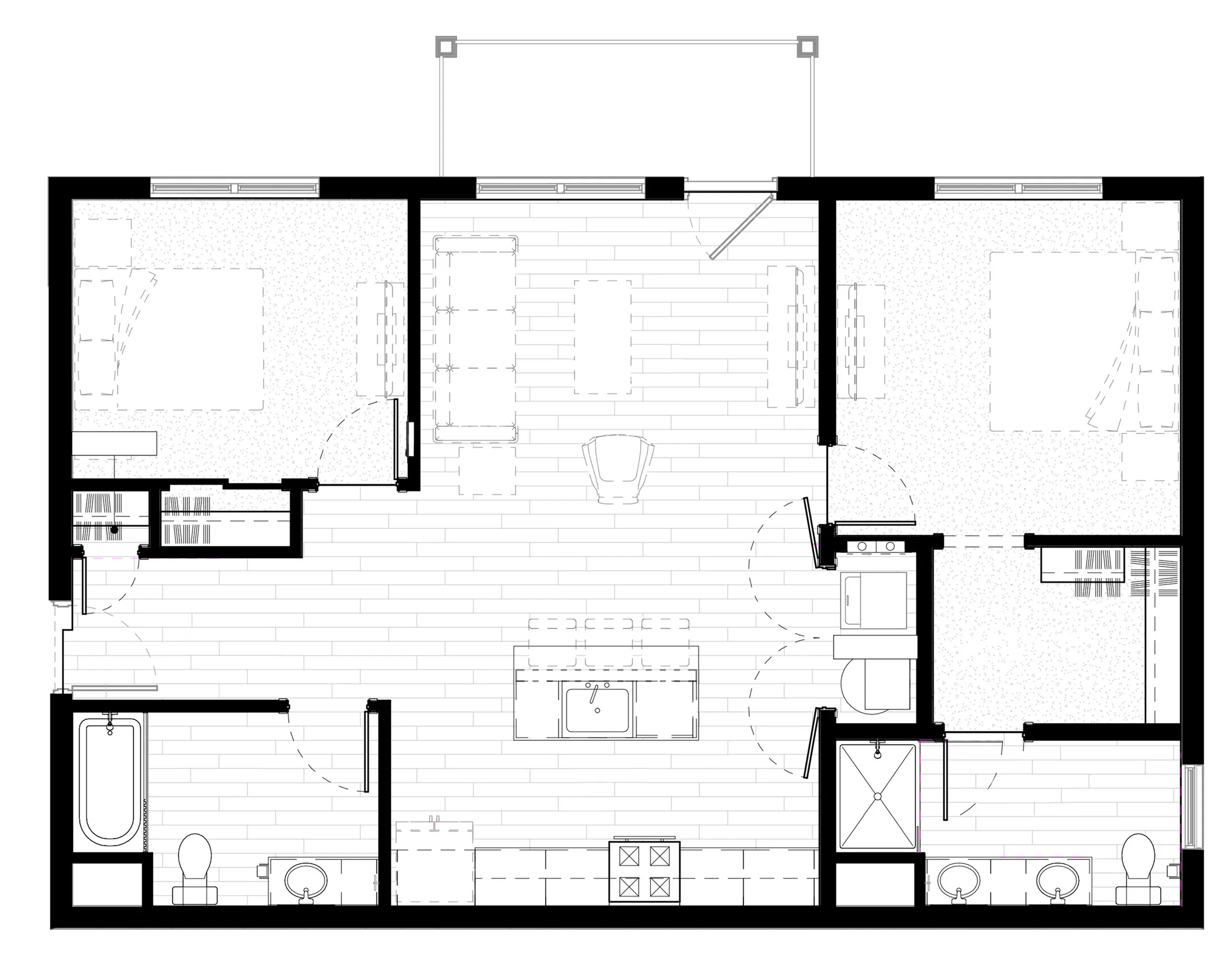 Modern floor plan showcasing 2 spacious bedrooms, open-concept living and dining area, gourmet kitchen, and 2 sleek bathrooms.