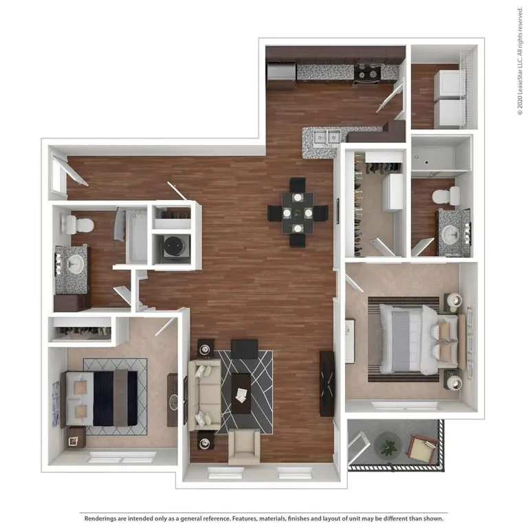 Stylish 3D floor plan featuring two spacious bedrooms, modern open-concept living and dining area, sleek kitchen with granite countertops, and two luxurious bathrooms, perfect for contemporary living.