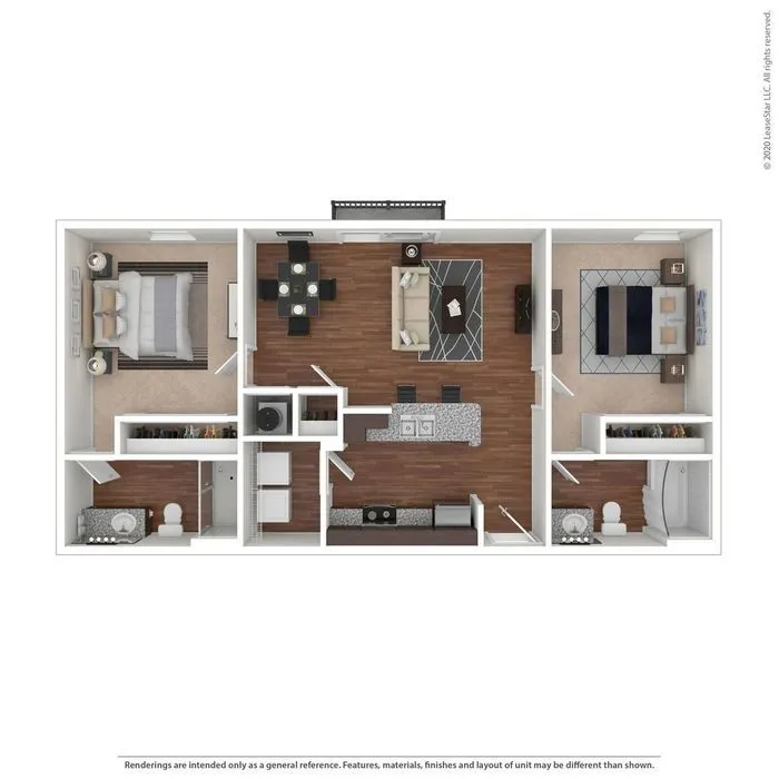 Modern 2D floor plan showcasing 2 bedrooms, a stylish living room, and an open kitchen with a breakfast bar.
