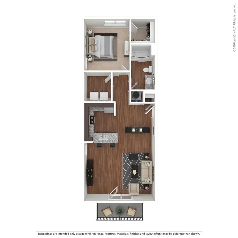 Modern 2D floor plan showcasing a stylish 1-bedroom apartment with open living and dining area, sleek kitchen, bathroom, and private balcony.