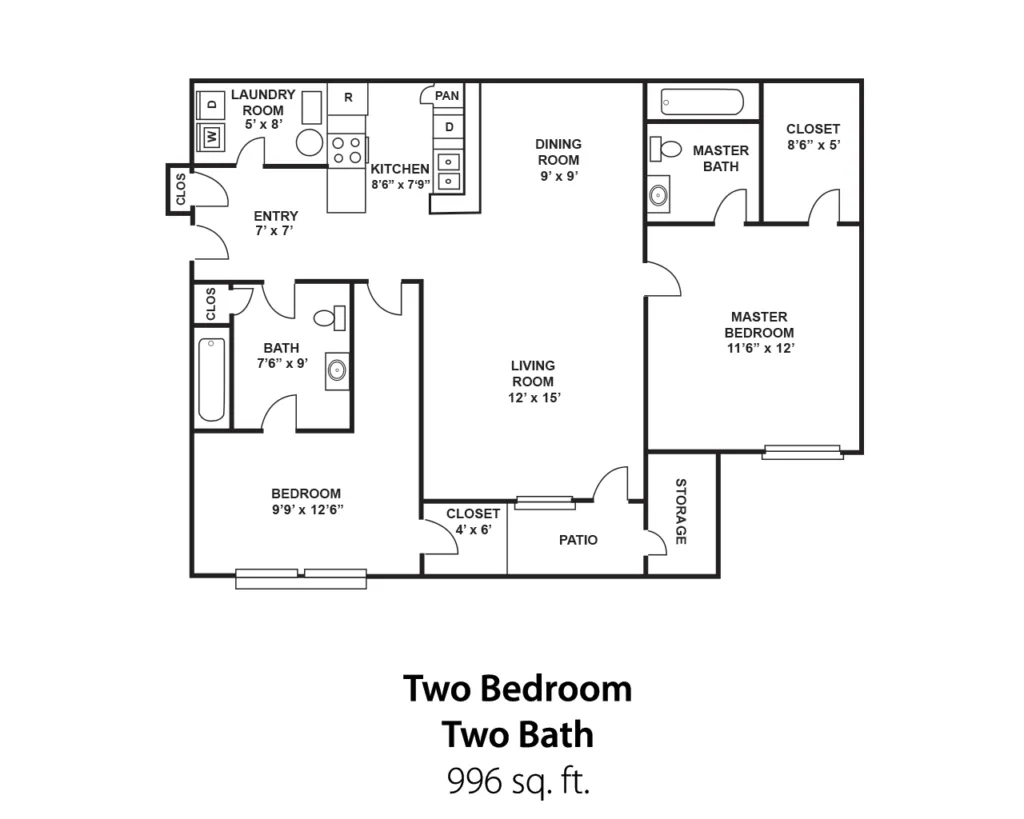 Chic floor plan showcasing two bedrooms and two baths, complete with a modern kitchen, spacious living room, and cozy patio within 996 sq. ft.