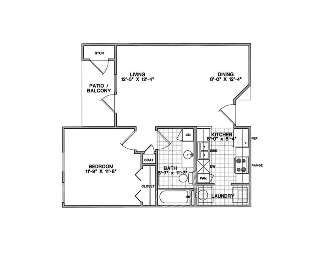 Modern floor plan showcasing 1 bedroom, inviting living room with patio access, combined dining and kitchen area, and convenient laundry space.