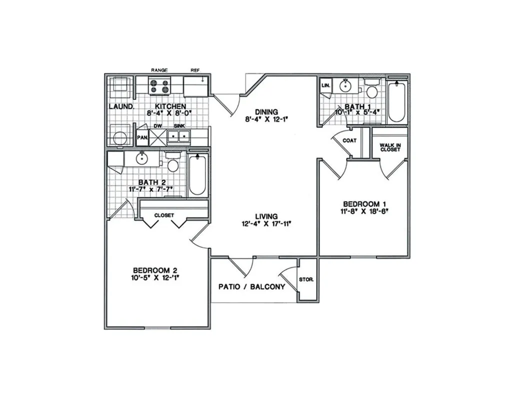 Elegant apartment floor plan featuring 2 spacious bedrooms, open living area, modern kitchen, and cozy patio for a perfect blend of comfort and style.