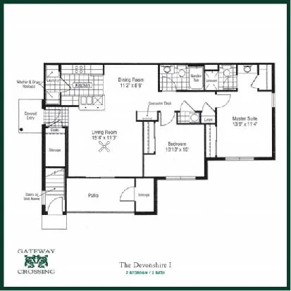 Gateway Crossing floor plan of The Devonshire I featuring 2 bedrooms, a master suite, living room, patio, and modern kitchen with dining area.