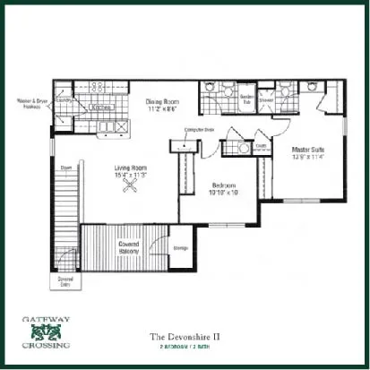 Elegant floor plan of The Devonshire II featuring 2 bedrooms, 1 cozy bath, spacious living room, dining area, and covered balcony at Gateway Crossing.