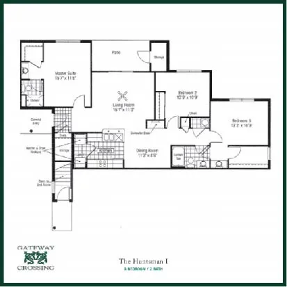 Gateway Crossing floor plan named The Huntsman I, showcasing 3 bedrooms, a spacious living room, and a private patio.