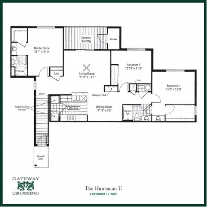 The Huntsman II floor plan at Gateway Crossing, showcasing 3 bedrooms, 2 baths, a spacious living room, and modern kitchen design.