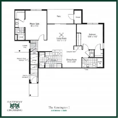 Gateway Crossing floor plan for The Kensington I showcasing 2 bedrooms, 3 baths, spacious living and dining areas with patio access.
