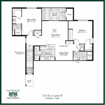 Gateway Crossing floor plan of \'The Kensington II\' showcasing 2 bedrooms, 2 baths, elegant living room, and a covered balcony.