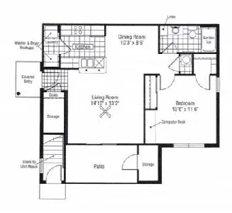 Inviting floor plan showcasing a cozy 1-bedroom apartment with a dining area, compact kitchen, and spacious patio.