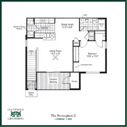 The Nottingham II floor plan with 1 bedroom, 1 bath, featuring an open living and dining area, modern kitchen, and spacious covered balcony.