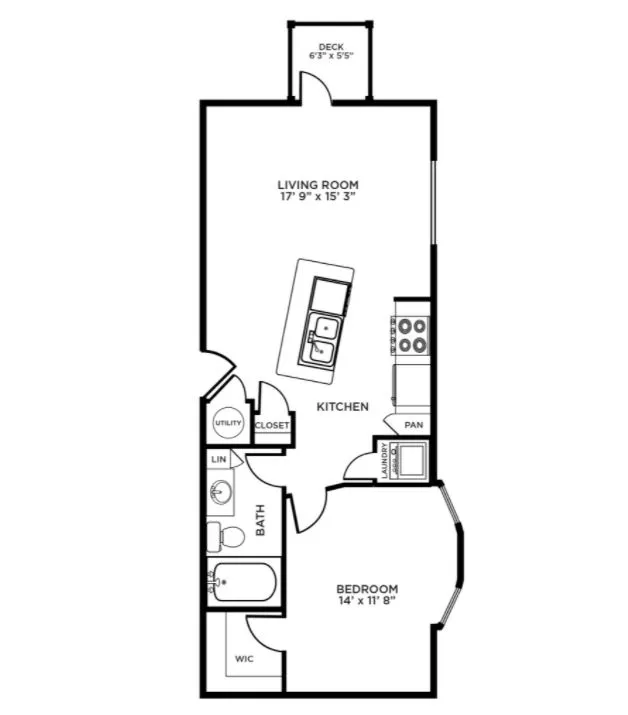 Modern 1-bedroom apartment floor plan featuring an open-concept kitchen and living room, with a deck, utility closet, and spacious bathroom.