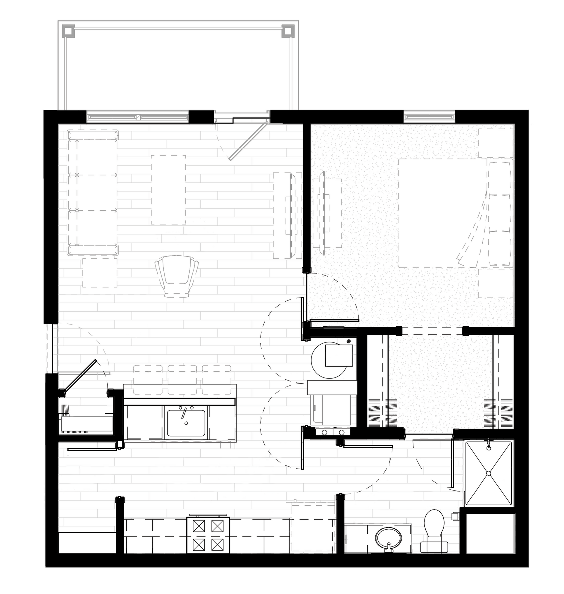 Modern floor plan showcasing a single bedroom, open living space, and compact kitchen with a contemporary bathroom layout.
