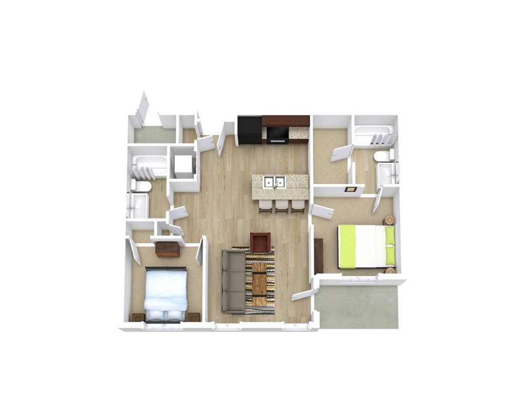 Modern 2D floor plan showcasing 2 bedrooms, stylish open-concept kitchen with breakfast bar, and cozy living area ideal for comfort and entertaining.