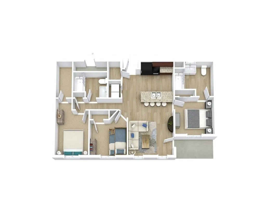 Elegant 3D floor plan featuring two spacious bedrooms, modern open kitchen with island, cozy living room, and two stylish bathrooms.